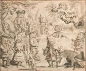 Fox Tossing: Elegant Dwarfs Playing In A Garden On The Occasion Ofa Hunting Party