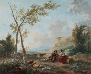 Pastoral Landscape With Shepherd Andshepherdess by Dirk Jan Van Der Laan