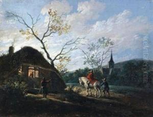 A Dutch Winter Landscape With A Horse-drawn Sleigh On A Frozen River; And Travellers Arriving At An Inn At Dusk