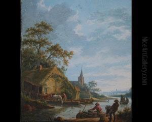 Fruit And Flower Merchants Loading Their Boat On A Tranquil River With Horses Watering On A Pontoon Awaiting The Ferry, With Distant Church Spires And Town Beyond