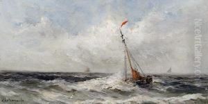 Fishing Boat In Choppy Waters by Gerard Van Der Laan