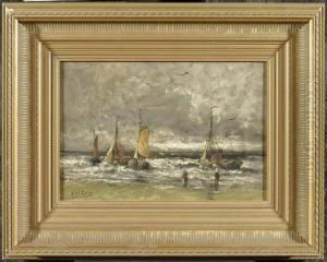 Fishermen On The Coast With Sailing Boats On The Sea by Gerard Van Der Laan