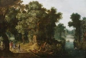 Wooded River Landscape With Travellers On A Path Having Their Fortune Told.