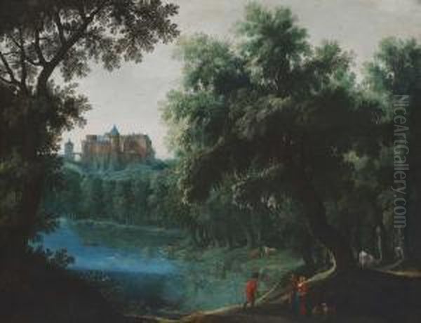 Baumbestandene Uferlandschaft Mit Figurenstaffage - view 1