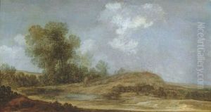 A Wooded Dune Landscape With A Shepherd Herding His Flock Near A Pool by Reynier Van Der Laeck