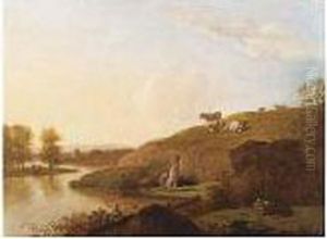 A River Landscape With Bathers Resting