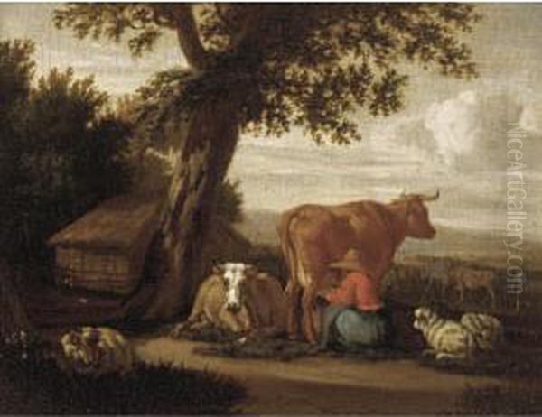 A Landscape With A Shepherdess Milking A Cow - view 1