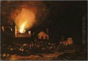 An Inferno In A Town At Night, With Townspeople Fleeing