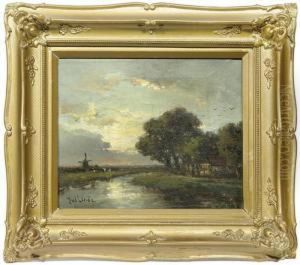 Dutch Landscape With River And Mill. by Jan Van Der Linde