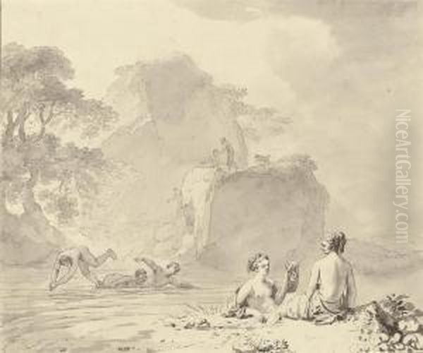 Nymphs Bathing In A Rocky Wooded Landscape - view 1