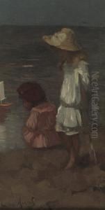 Children Playing At The Beach by Marinus Van Der Maarel