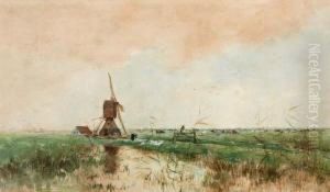 Molen In Polderlandschap Met Op De Voorgrond Een Bleekveldje by Marinus Van Der Maarel