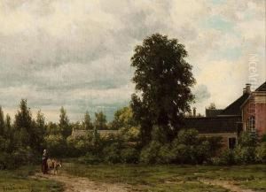 Woman With Donkey By A Farmstead by Jacob Jan van der Maaten