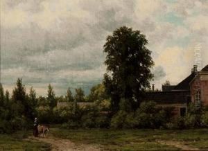 Woman With A Donkey By A Largefarmstead by Jacob Jan van der Maaten