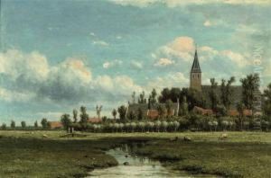 Dutch Polder Landscape With A Village Beyond by Jacob Jan van der Maaten