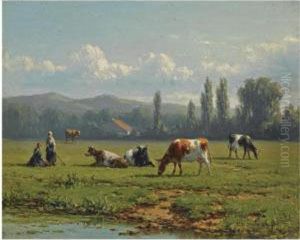 Cows In A Summer Landscape by Jacob Jan van der Maaten