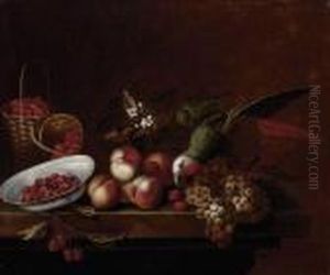 Nature Morte Au Perroquet, Aux Fraises Et Aux Raisins by Barend or Bernardus van der Meer