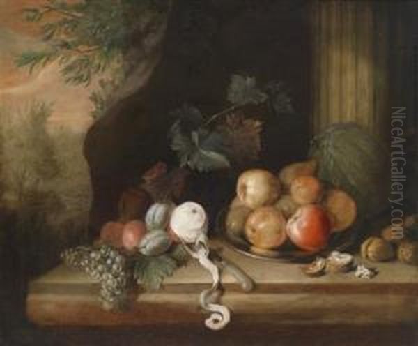 A Still Life Of Fruit Against A Landscapebackdrop - view 1