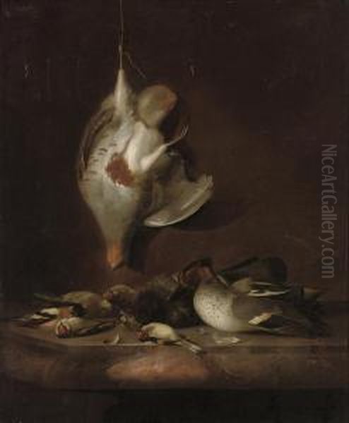 A Partridge Hanging On A Wall, And A Teal, A Yellowhammer, Finches And Other Birds On A Marble Ledge - view 1