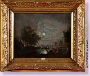 Paysage Lacustre Anime Au Clair De Lune by Barend or Bernardus van der Meer
