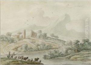 A Hilly River Landscape With Herdsmen And Their Cattle by Jan van der Meer