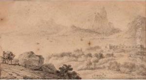 Exotic Coastal Landscape With A Merchant And His Mule In The Foreground And Mountains Behind by Jan van der Meer