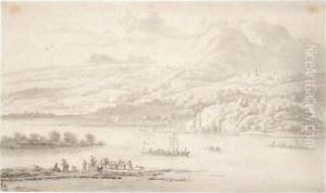 Mountainous River Landscape, With Peasants And Boats by Jan van der Meer
