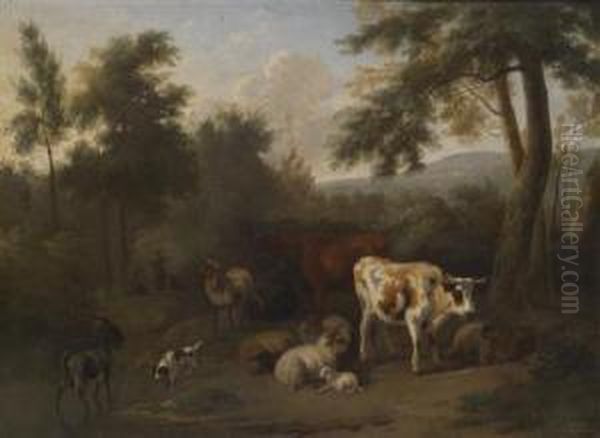 A Wooded Landscape With Resting Cattle And Herders - view 1
