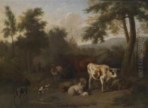 A Wooded Landscape With Resting Cattle And Herders by Jan Vermeer Van Delft