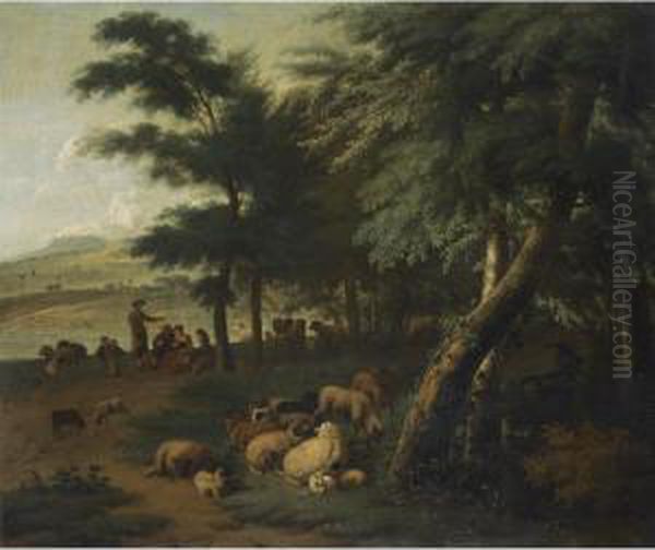 Shepherds Resting With Their Flock At The Edge Of A Wood - view 1