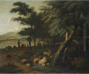 Shepherds Resting With Their Flock At The Edge Of A Wood by Jan Vermeer Van Delft