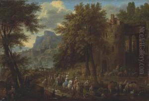 A Wooded Landscape With An Elegant Company Passing Througharchitectural Ruins