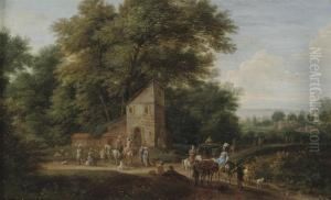 A Wooded Landscape With Elegant Company On Horseback