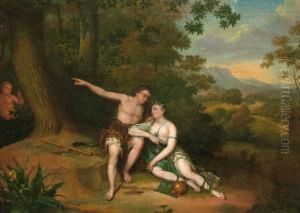 Allegorical Figures Resting Beneath Atree In A Wooded Mountain Landscape by Jean Baptist Van Der Meiren