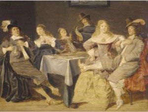 An Elegant Company In An Interior Drinking, Smoking And Merrymaking