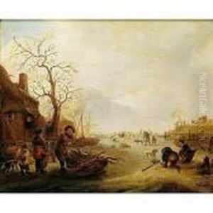 Patinando Sobre Hielo by Cornelis Van Der Meulen