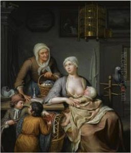 A Mother Nursing A Child In An Interior, Together With Two Young Boys Taking Cherries And An Elderly Woman Bringing A Basket With Eggs by Hieronymus Van Der My