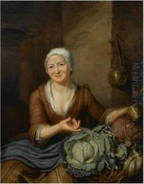 A Woman In A Barn Interior With Cabbages And Carrots - view 1