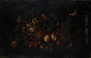 A Pineapple, Peaches And Grapes With A Basket Of Flowers With Butterflies And Birds A Pineapple, Peaches And Grapes With A Basket Of Flowers With Butterflies And Birds