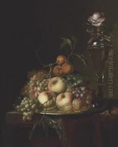 Grapes, Peaches, Plums, Apricots And A Rose In A Glass Vase On Adraped Table