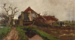 Kippen Voerende Vrouw Bij Boerderij by Willem Van Der Nat