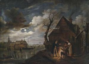 Dutch Canal Landscape At Moonlight With Skaters And A Bonfire