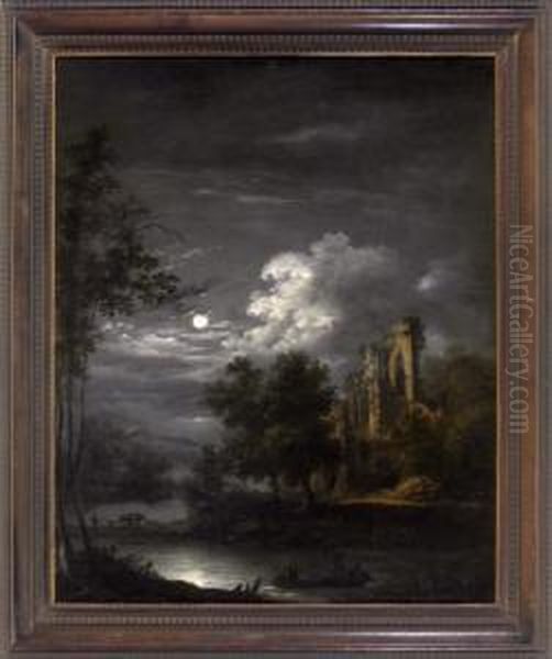Bewaldete Flusslandschaft Im Vollmondlicht Mit Drei Fischern Im Boot Und Einem Hirten Mit Einigen Tieren Bei Einer Ruine - view 1