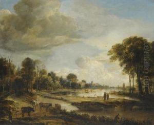 A River Landscape With Figures And Cattle A River Landscape With Figures And Cattle