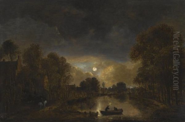 A Moonlit River Scene With Two Men In A Rowing Boat Beisde A Village by Aert van der Neer