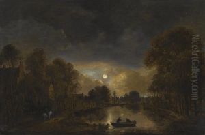 A Moonlit River Scene With Two Men In A Rowing Boat Beisde A Village