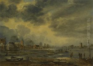 A Winter Landscape With Figures Playing Kolf On A Frozen River, A Village To The Left by Aert van der Neer