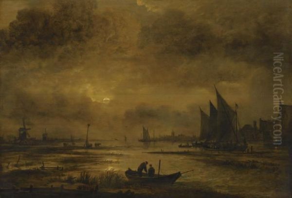 A Moonlit Fluvial Landscape With Figures In A Boat In The Foregraound, Windmills And A Village Beyond - view 1