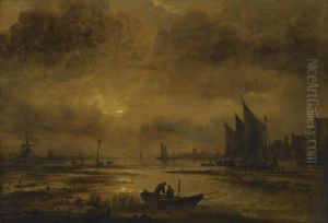 A Moonlit Fluvial Landscape With Figures In A Boat In The Foregraound, Windmills And A Village Beyond by Aert van der Neer