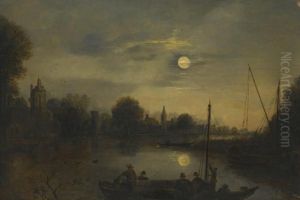 A Moonlit River Landscape With Figures In A Boat In The Foreground, A Village Beyond A Moonlit River Landscape With Figures In A Boat In The Foreground, A Village Beyond